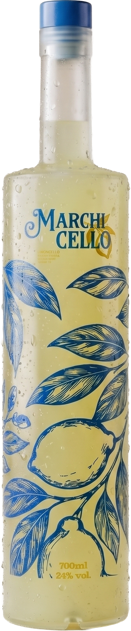 Garrafa de Marchicello, licor de limão, com galhos de limoeiro desenhados em azul.