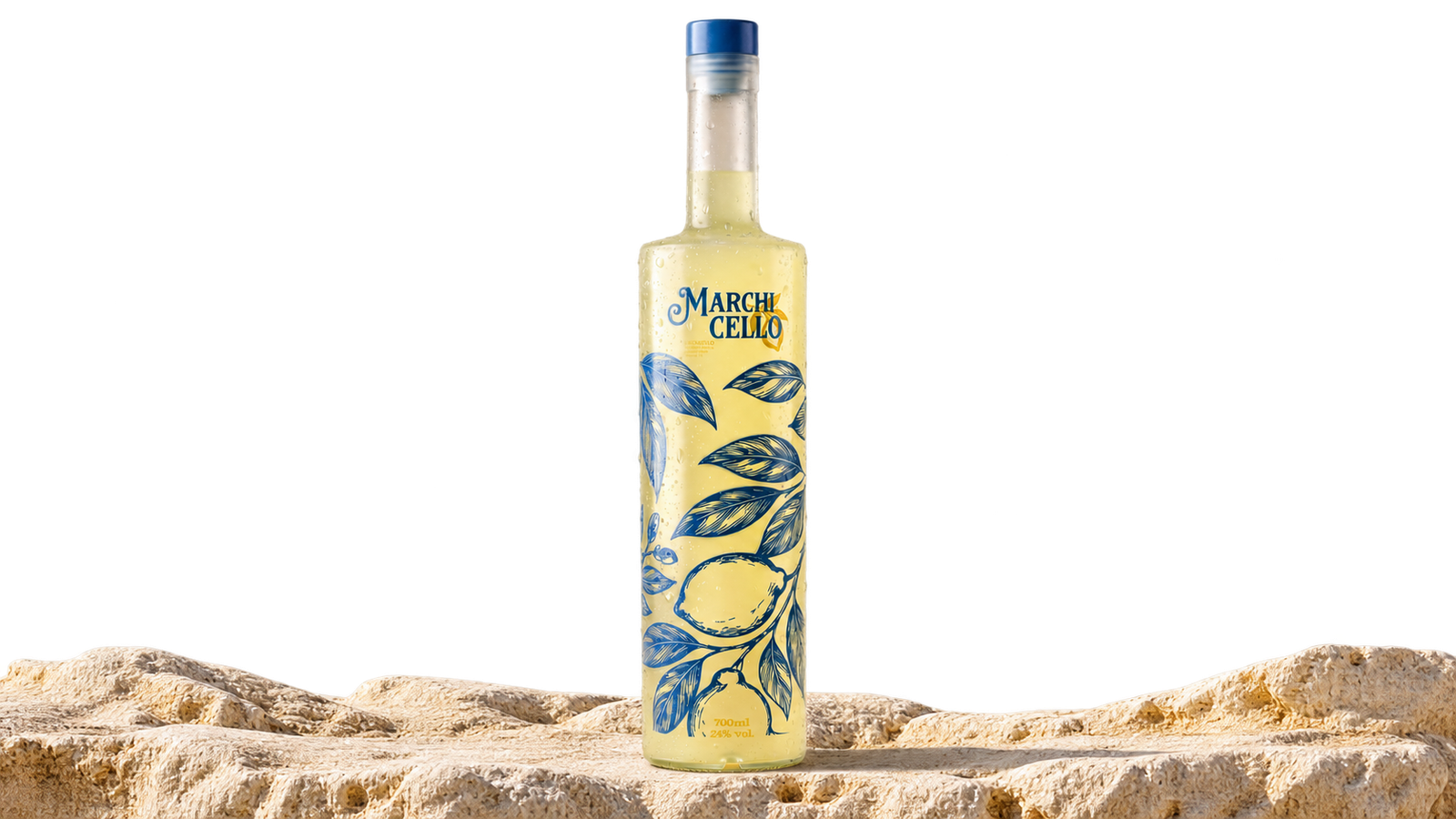 Garrafa de Marchicello sobre uma pedra clara à beira do mar.